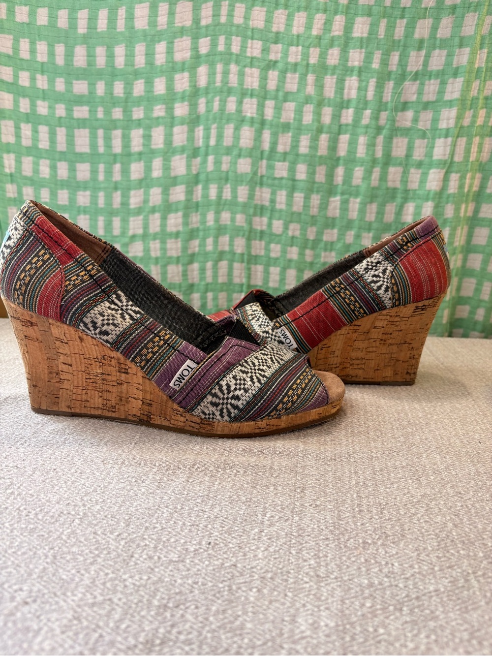 TOMS Multicolor Woven Cork Wedge — Red, Purple, Tan, Black